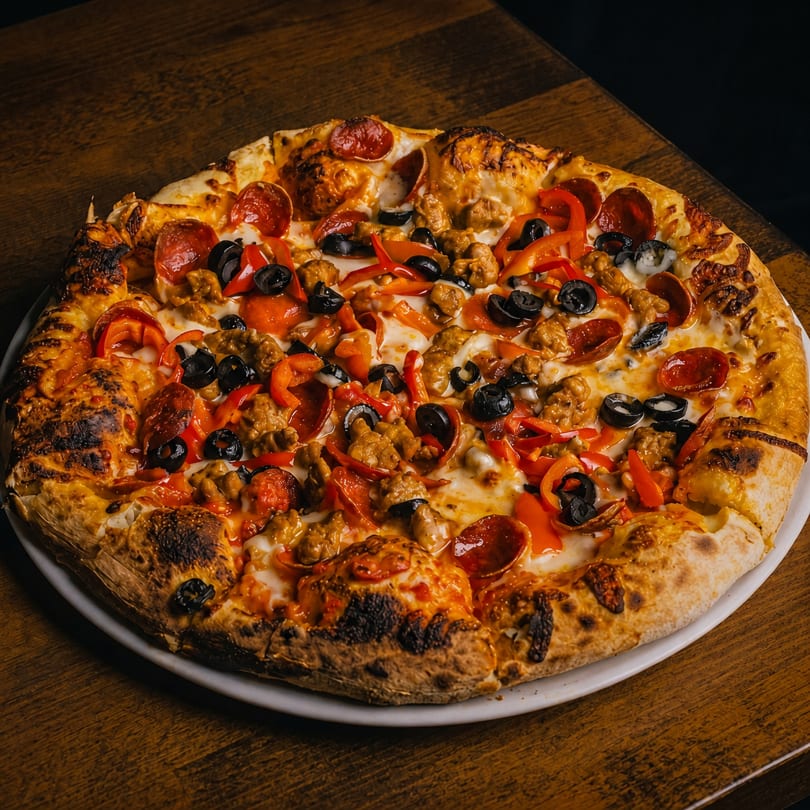 A whole pizza topped with pepperoni, sausage, black olives, and red bell peppers on a wooden table.