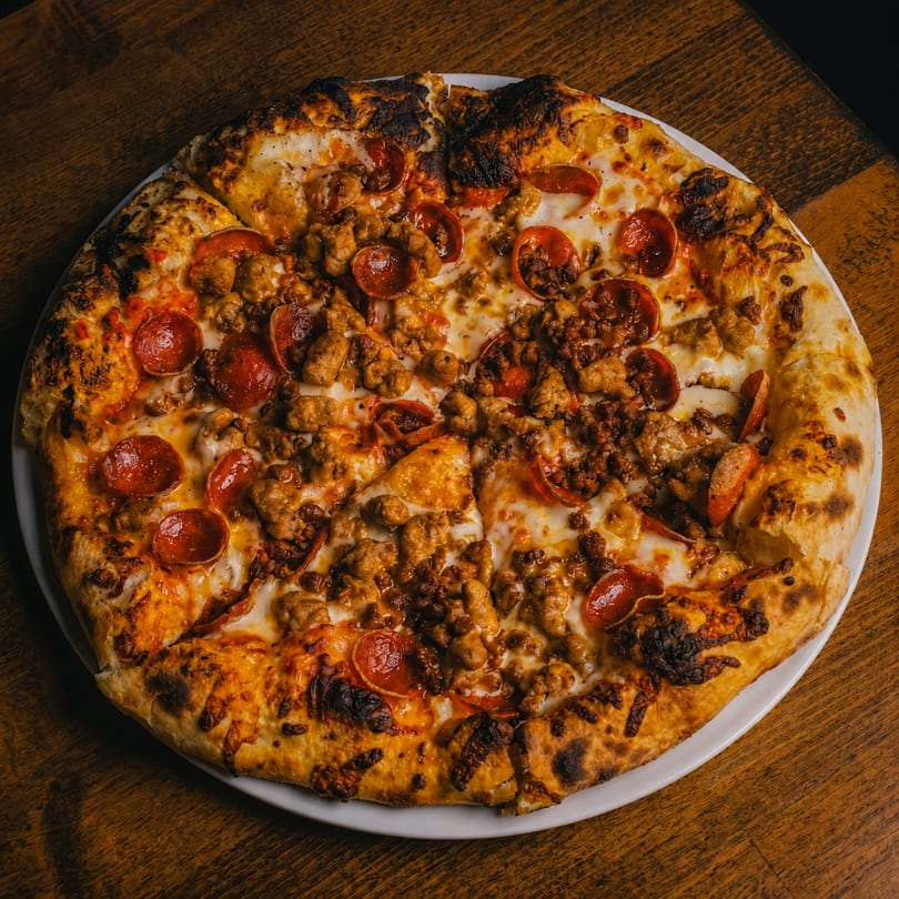 A whole pepperoni and sausage pizza with a crispy crust on a white plate.