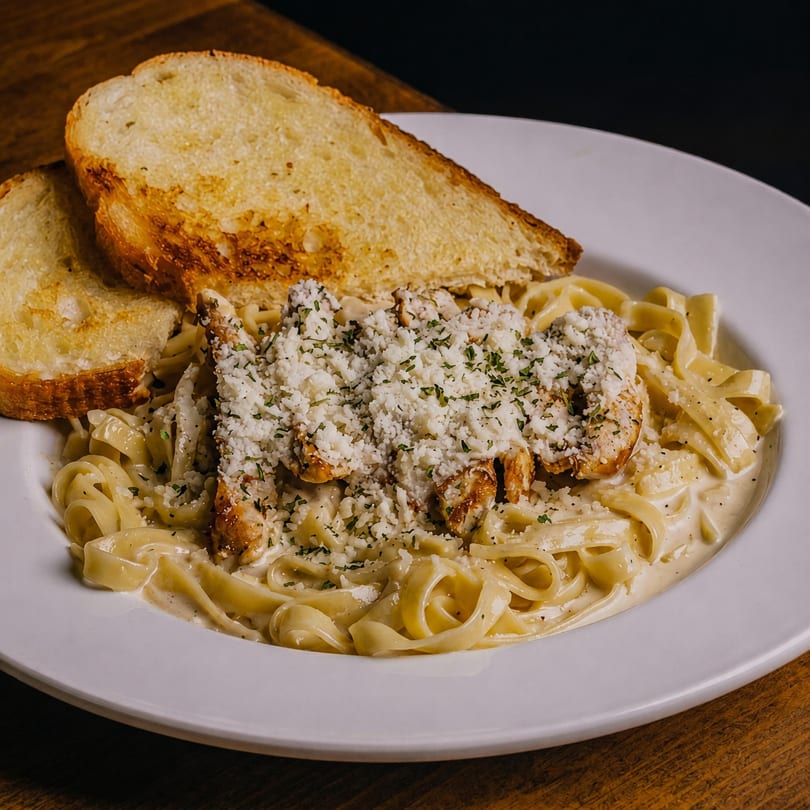 Creamy fettuccine alfredo with grilled chicken, parmesan cheese, and two slices of garlic bread.