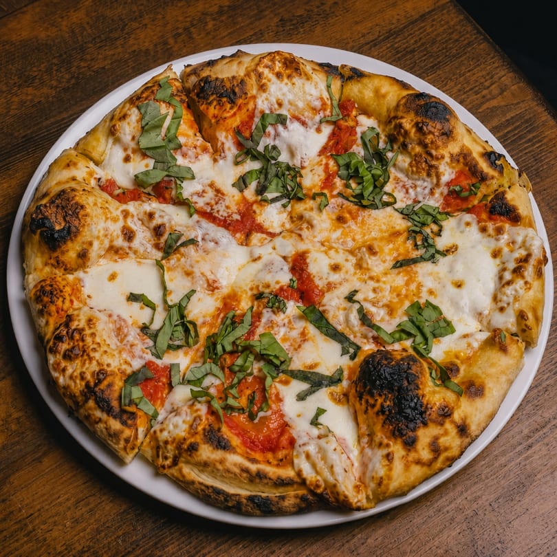 A freshly baked, sliced Margherita pizza with melted mozzarella, red sauce, and basil on a white plate.